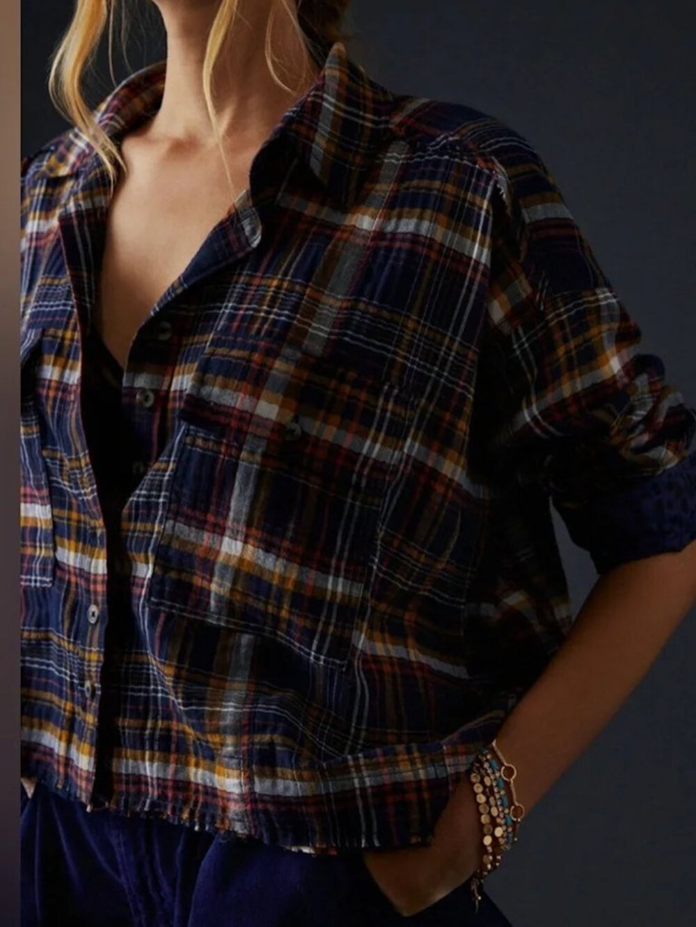 ANTHROPOLOGIE PILCRO Cropped Plaid Frayed Hem Button Front Shirt No Size Tag